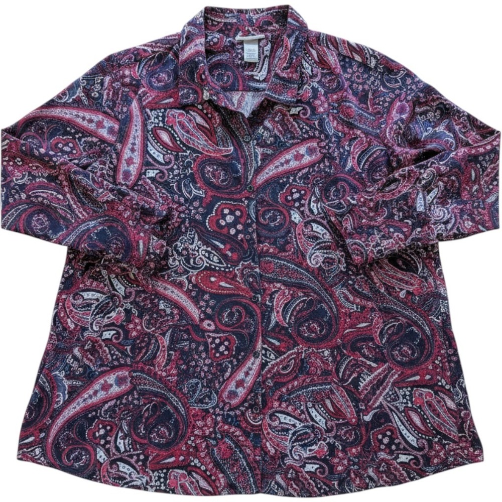 Catherines Paisley Button Down Shirt Womens 3X‎ Blue Red Excellent Boho Blouse